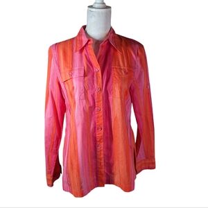 Jones New York Tailored Orange and Pink Striped Shirt with Button Pockets M